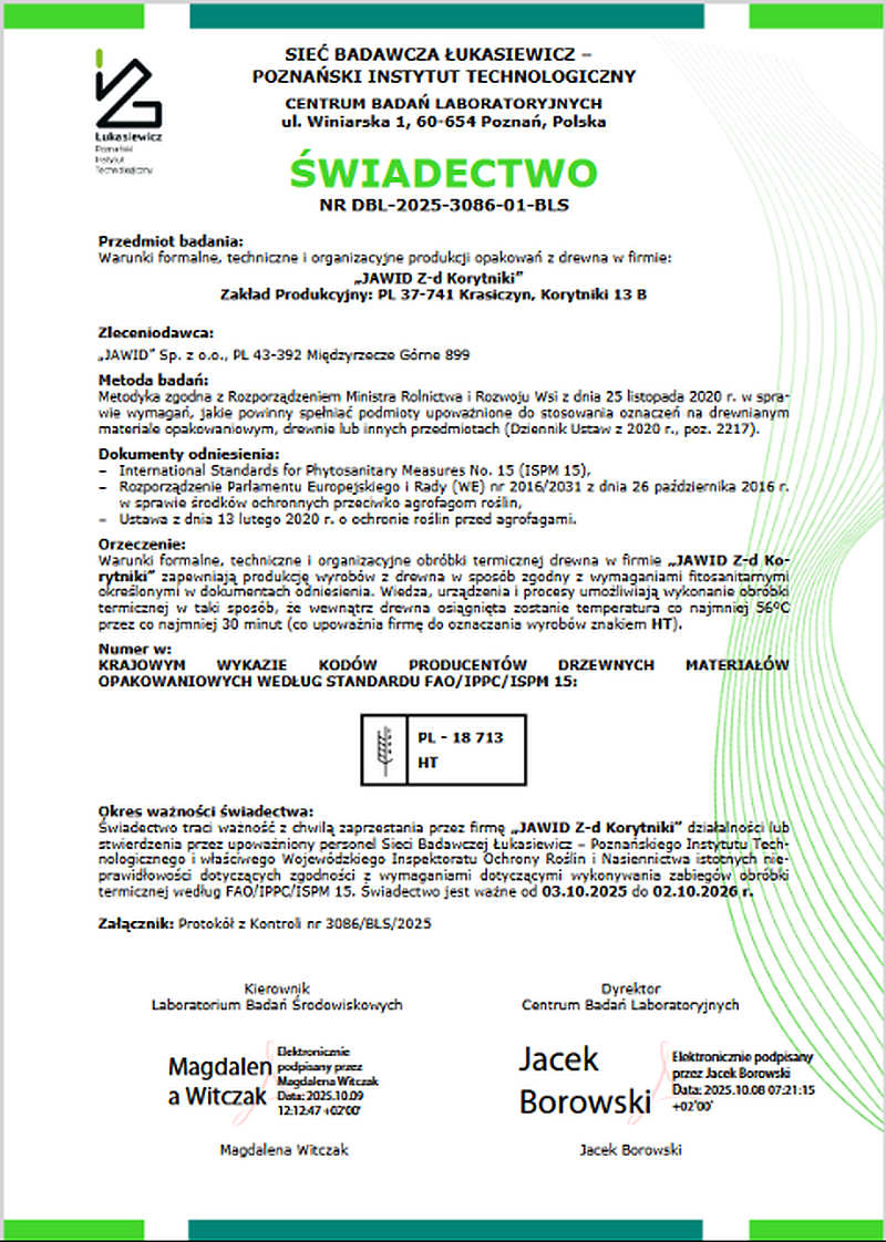 Certyfikat ISPM 15 potwierdzający zgodność produkcji JAWID jako producenta nadstawek paletowych.